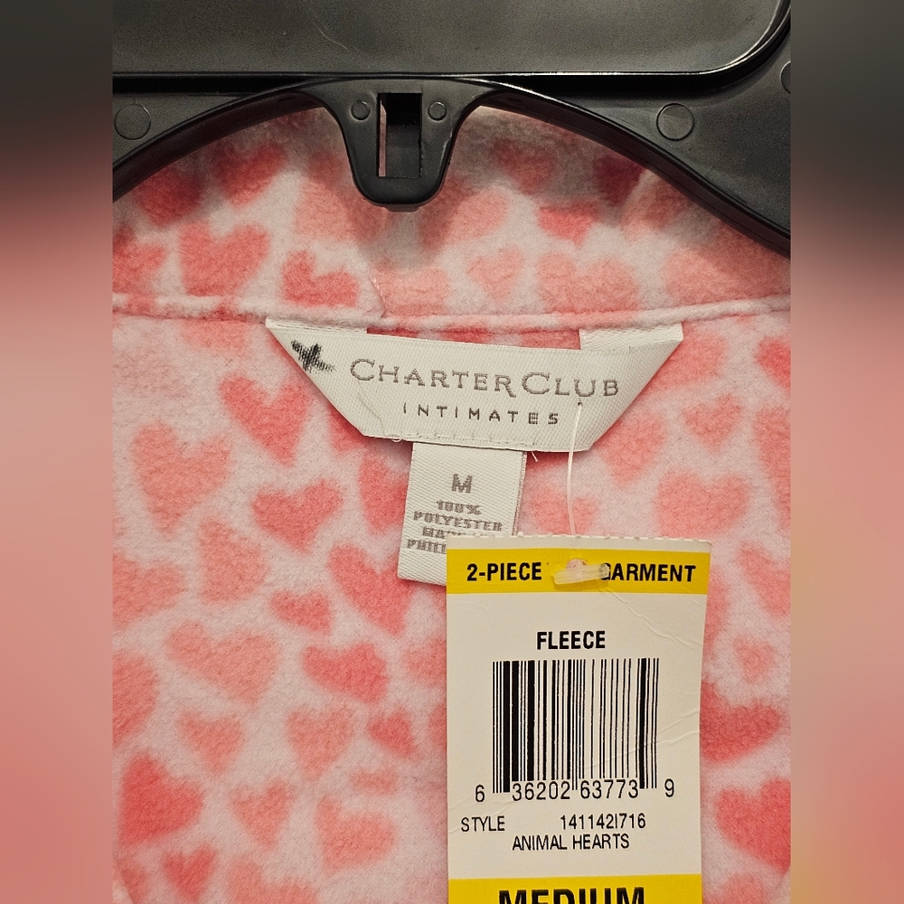 Charter Club Animal Pink Fleece Animal Hearts  PJ Set, NWT, Size Medium - Picture 3 of 7